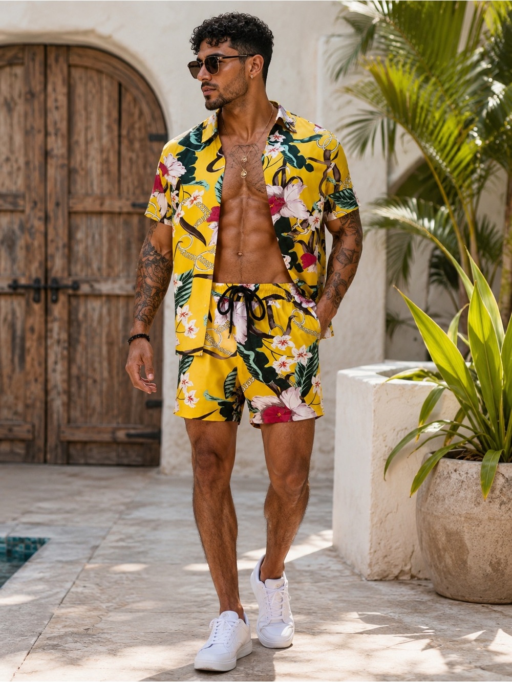 Glitz Yellow Floral Men’s Swim Trunks & Shirt Set